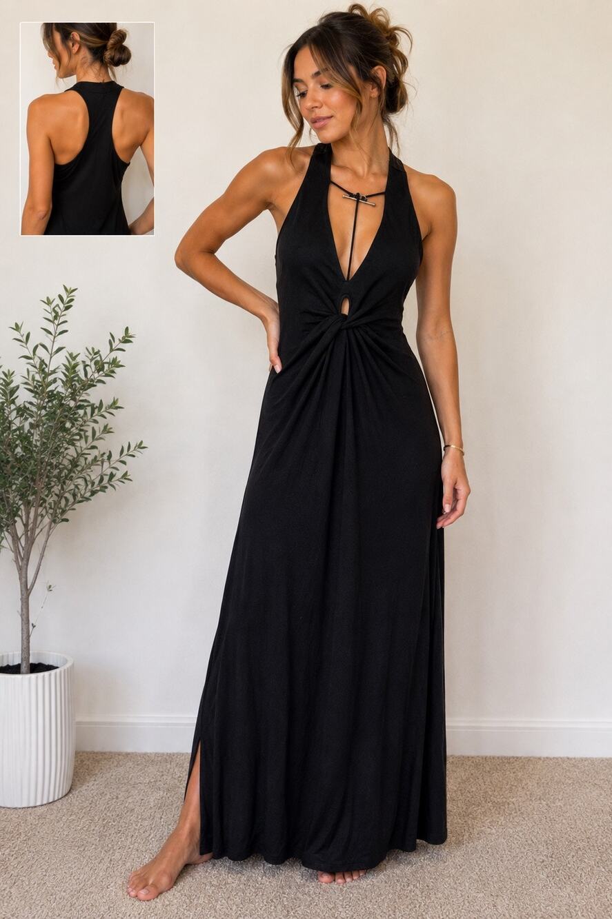 Free People Black Halter Maxi Dress S Knot Front Racerback